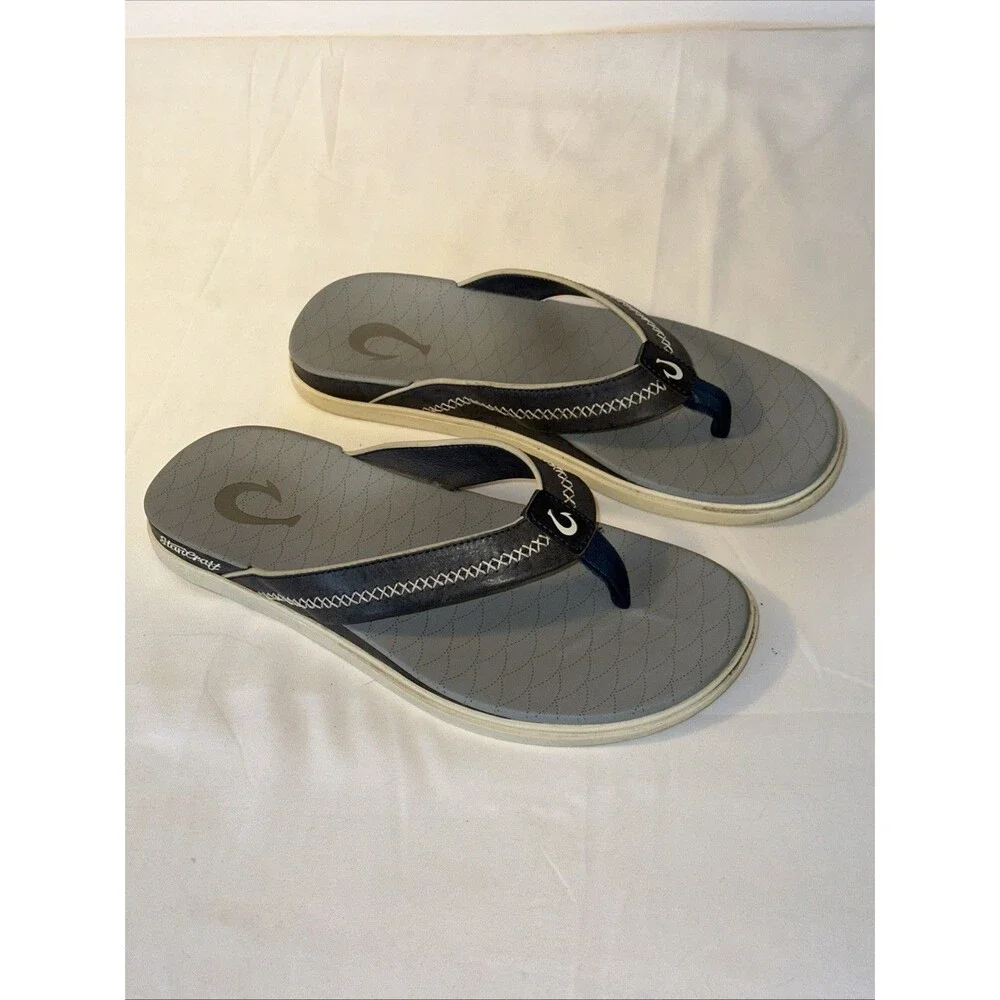 Olukai Stanecraft Gray 44 Men’s Leather Sandals 11 Flip Flop Boating